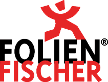 Logo Sichtschutzfolien Hamburg: Stilisiertes rotes Folienmännchen läuft über Firmenschriftzug FolienFischer